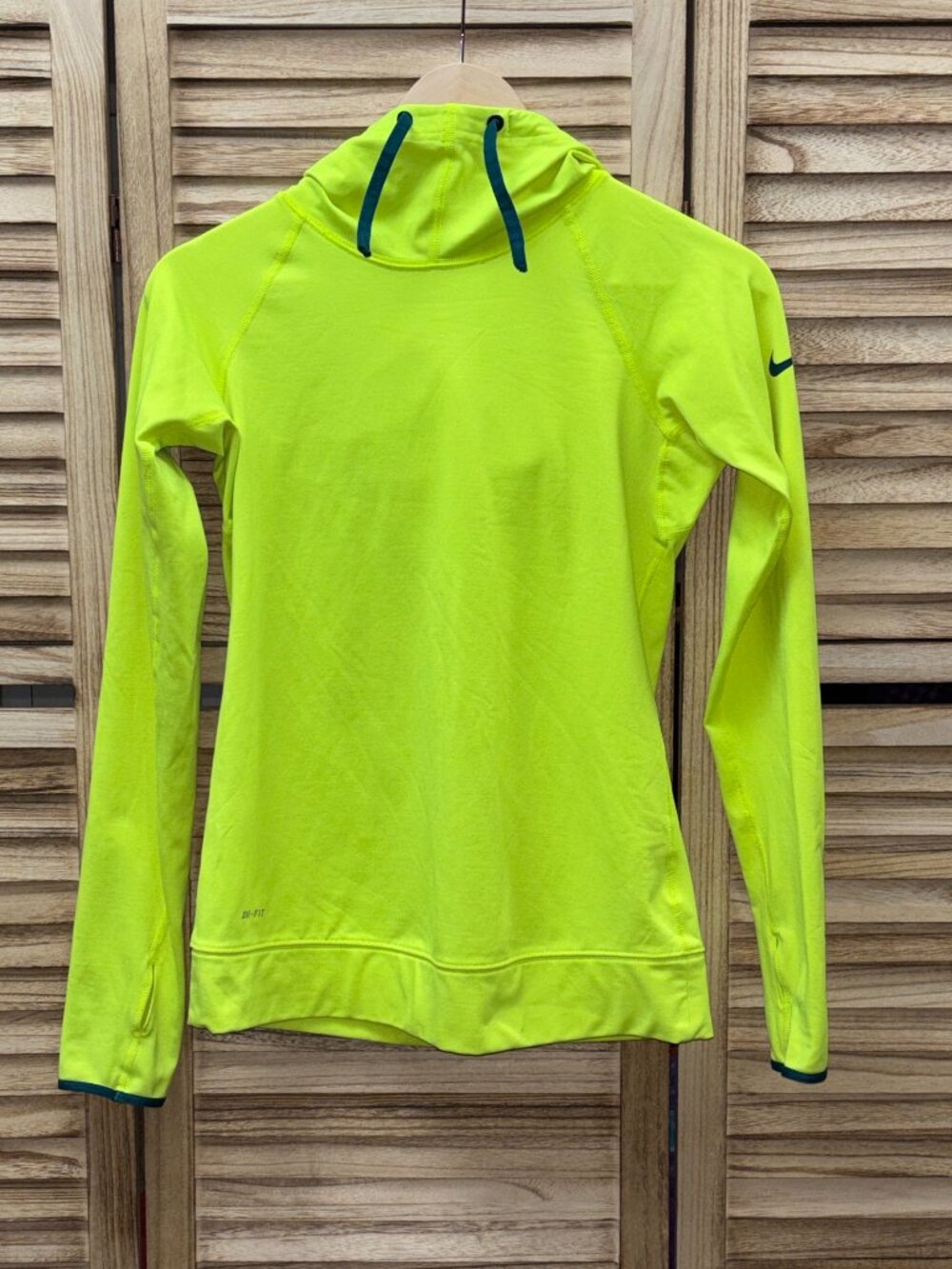 Nike Dri FIT Neon Yellow Volt Running Pullover Hoodie Thumb Holes Size S